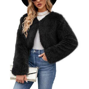 Women's Black Gihuo Cropped Faux Fur Coat Open Front Fleece Winter Jacket